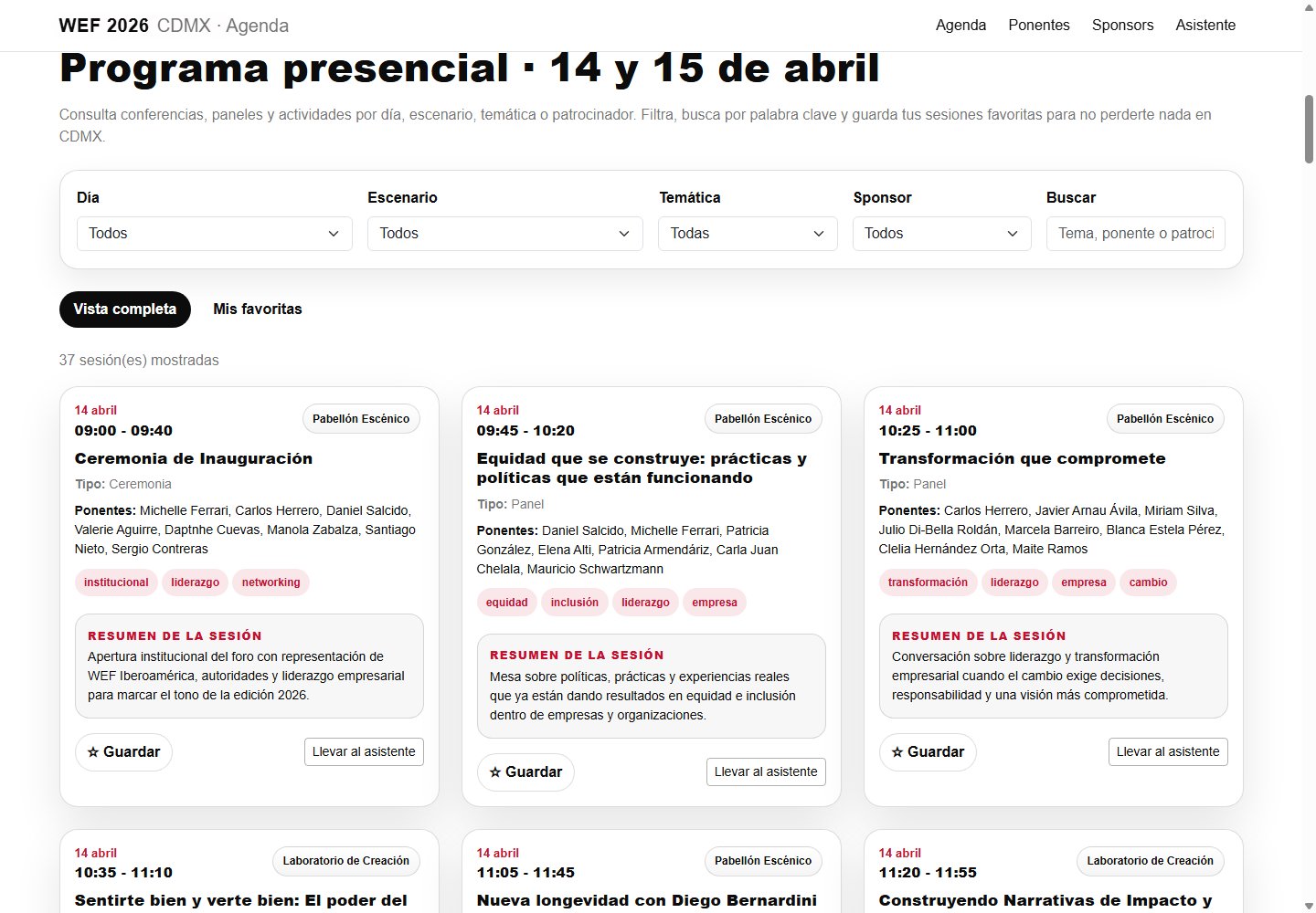 Captura dels filtres i les sessions de l’agenda del WEF 2026
