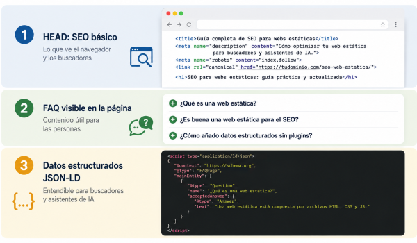 SEO y búsqueda con IA sin plugins: schema, FAQ y entidades en el HTML